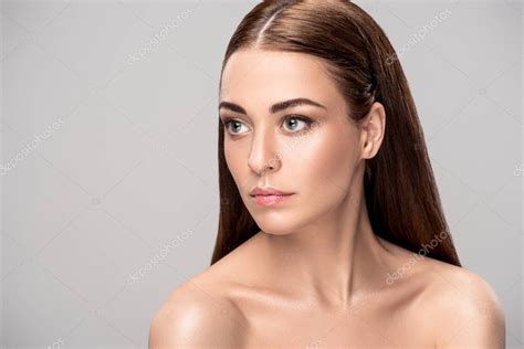 Portrait Beautiful Naked Girl Brunette Hair Perfect Skin Isolated Grey Stock Photo