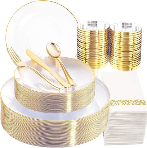 Amazon Nervure 350PCS Clear And Gold Plastic Plates Gold