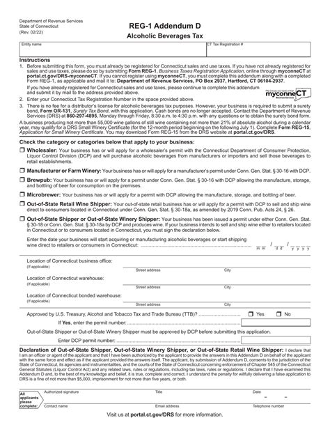 Form Reg 1 Addendum D Download Printable Pdf Or Fill Online Alcoholic Beverages Tax Connecticut