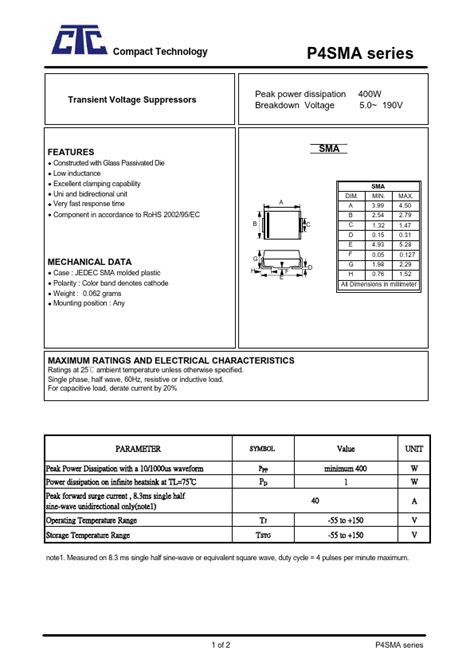 SMA11CA Compact Technology Suppressors Hoja de datos Ficha técnica