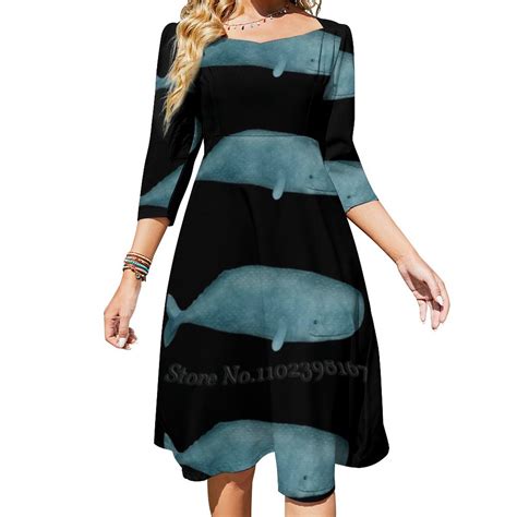 Whale Flare Dress Square Neck Dress Elegant Female Fashion Printed