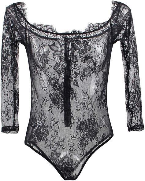 Ohyeah Women Plus Size Teddy Lingerie Lace Bodysuit Long Sleeve See