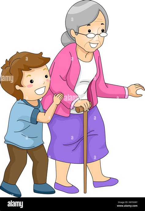 Illustration Of A Little Boy Helping An Old Woman Cross The Street