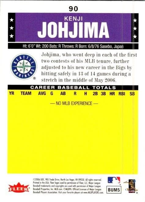 Fleer Tradition Seattle Mariners Baseball Card Kenji Johjima