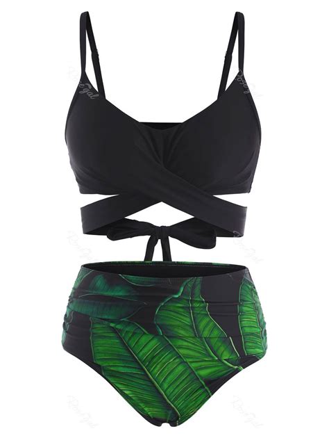 Criss Cross Tropical Leaf Tummy Control Bikini Swimwear [37 Off] Rosegal