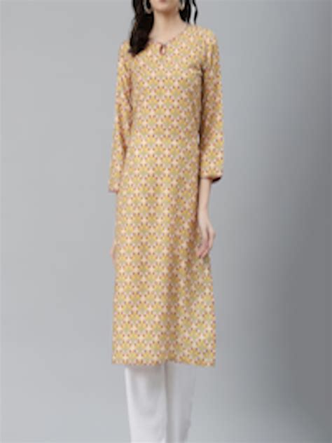 Buy Jompers Women Mustard Yellow And Red Ethnic Motifs Printed Keyhole Neck Kurta Kurtas For