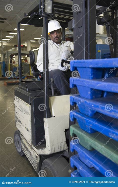 Smiling Man Sitting In Forklift Truck Stock Image Image Of American