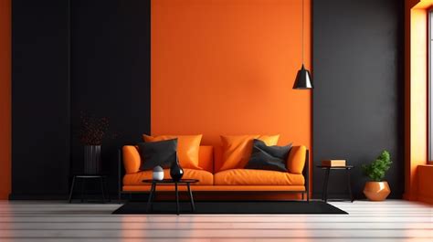 A Living Room With Orange And Black Walls And A Black And Orange Couch