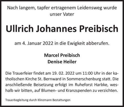 Traueranzeigen Von Ullrich Johannes Preibisch Abschied Nehmen De