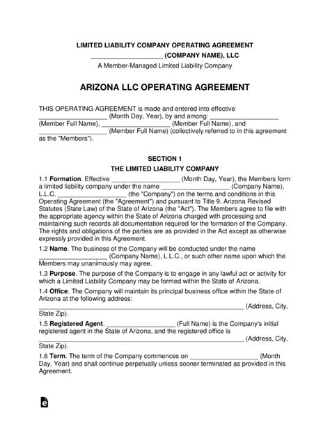 Free Arizona Multi Member Llc Operating Agreement Pdf Word Eforms