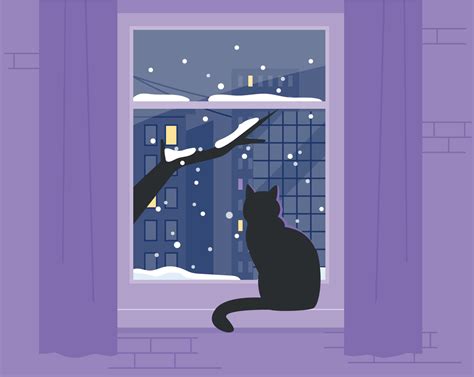 A black cat is sitting by the window and looking at the snowy landscape
