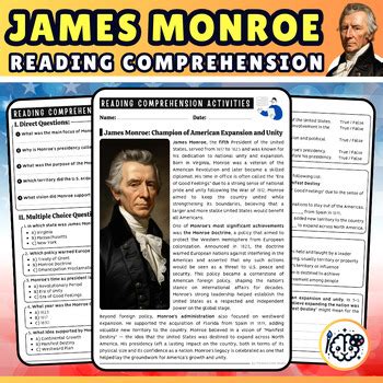 James Monroe Presidents Day Reading Comprehension Passages Questions