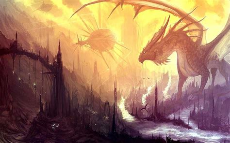 Black Dragon On Wrecked City Wallpaper Dragon Fantasy Art Hd