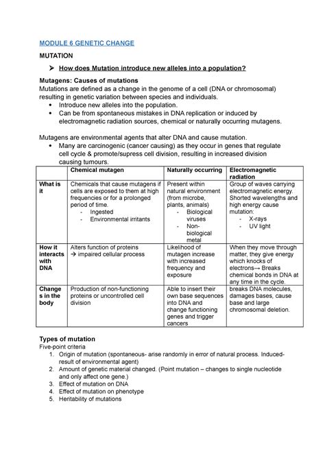 Module Biology Notes Module Genetic Change Mutation How Does