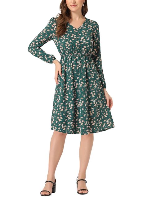 Allegra K Womens Floral Print Swing Long Sleeve V Neck Midi Dress