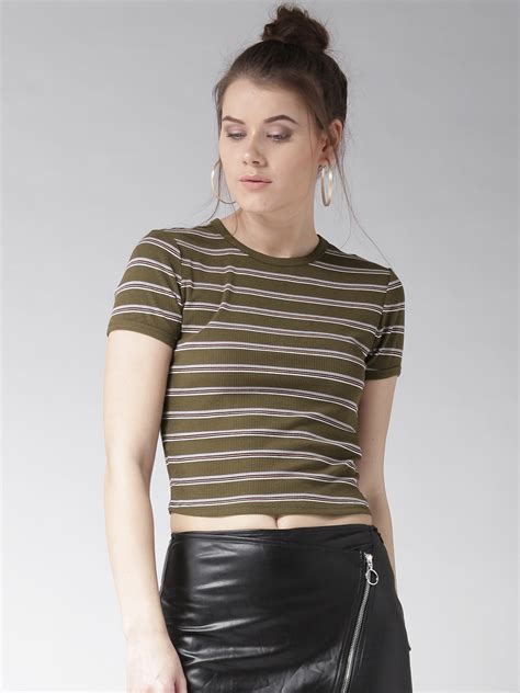 Buy Forever 21 Women Olive Green Striped Fitted Crop Top Tops For