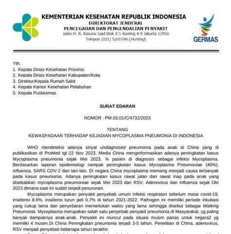 Surat Edaran Nomor Pm0301c447322023 Tentang Kewaspadaan Terhadap Kejadian Mycoplasma