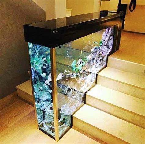 a fish tank sitting on top of a set of stairs