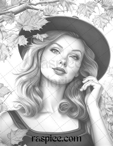 55 Autumn Pin Up Girls Grayscale Coloring Pages Printable For Adults Grayscale Coloring