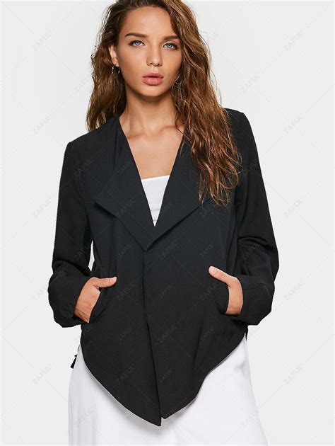 [26 Off] 2021 Open Front Long Sleeve Asymmetrical Blazer In Black Zaful