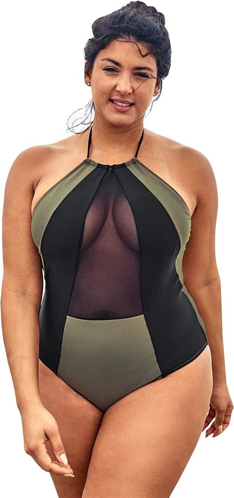 CUPSHE Women S Plus Size One Piece Swimsuit Mesh Halter Lace Up Bikini X Multicolored At