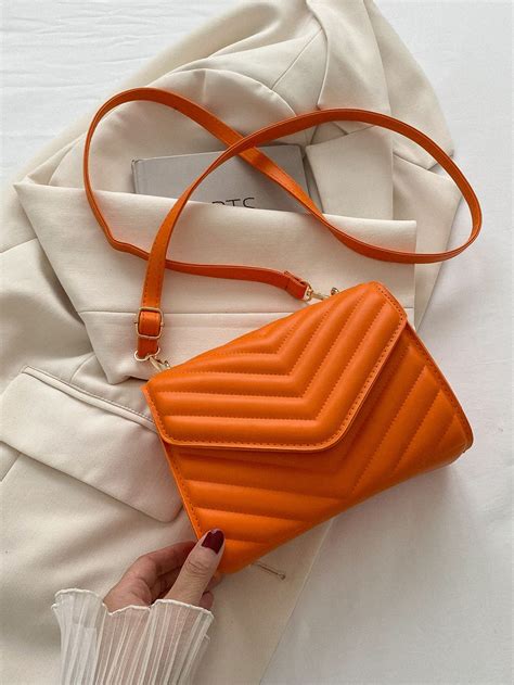 Orange Funky Collar Pu Leather Chevron Square Bag Embellished Women