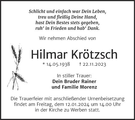 Traueranzeigen von Hilmar Krötzsch abschied nehmen de