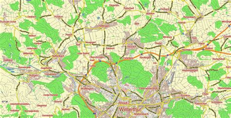 Winterthur Switzerland PDF Vector Map City Plan Low Detailed (for small print size) Street Map ...