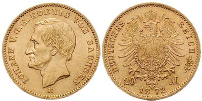 20 Mark Goldmünze Johann 1872 J 258 Sachsen Muenzen eu