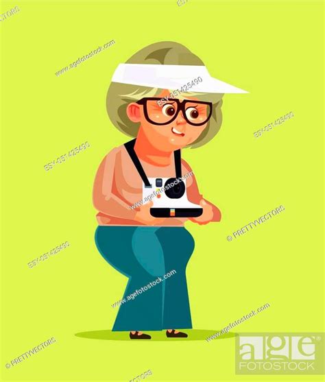 Happy Smiling Old Woman Granny Grandmother Tourist Taking Photos Pictures On Camera Stock