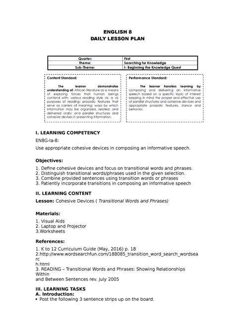 English 8 DLL Cohesive Device ENGLISH 8 DAILY LESSON PLAN I LEARNING