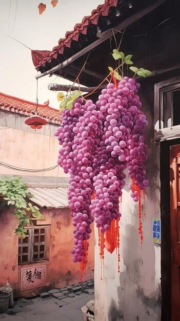 Un Racimo De Uvas Moradas Colgando De Un Edificio Foto Premium