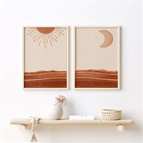 Boho Sun And Moon Art Print Abstract Landscape Terracotta Etsy