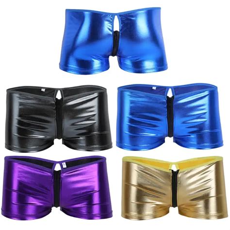 Yizyif Mens Lingerie Shiny Metallic Zipper Pouch Booty Boxer Shorts