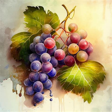 Pintura De Un Racimo De Uvas Con Hojas Y Pintura De Acuarela Generativa