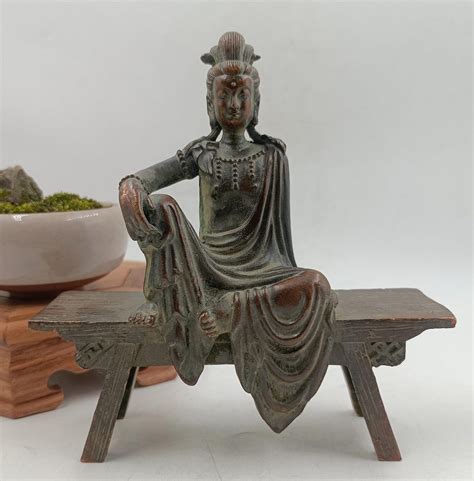 Collection Copper Kwan Yin Guanyin Bodhisattva Sit On Bench Meditation