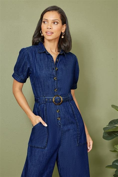 Yumi Blue Cotton Chambray Button Up Jumpsuit Yumi