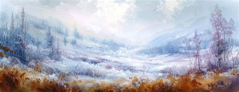 Snowy Landscape Painting with Trees Stock Photo - Image of brushstrokes ...