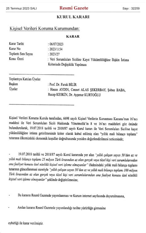 Veri Sorumluları Sicili Kayıt Yükümlülüğü İşlenme İstisna Sınırı