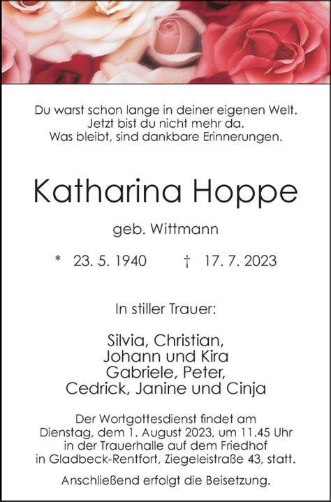 Traueranzeigen Von Katharina Hoppe Trauer In NRW De