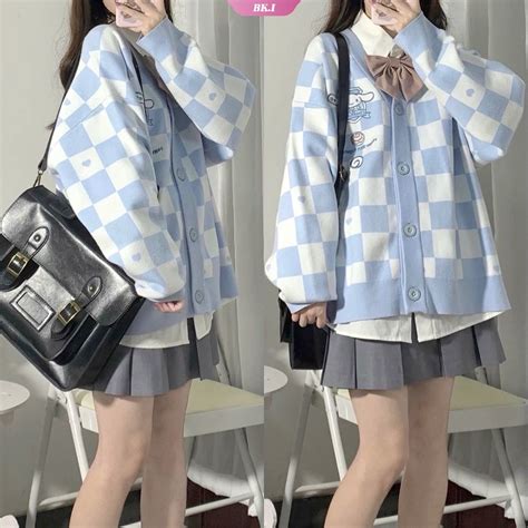 Kawaii Sanrio Cinnamoroll Plaid Sweater Cartoon My Melody Kuromi Pompom