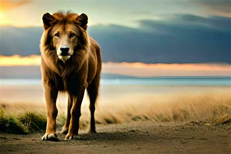 a lion walking on the beach at sunset. AI-Generated 31245560 Stock ...