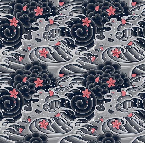 Japanese Wave With Sakura Seamless Pattern For Textile Background