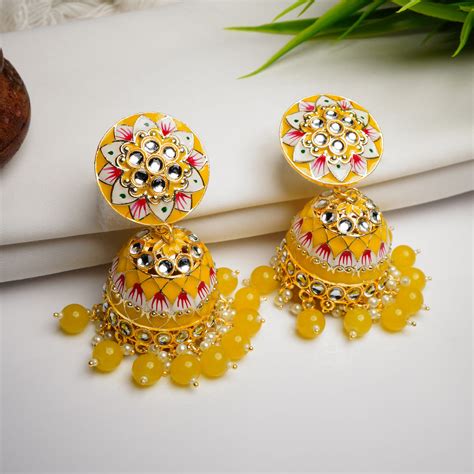 Yellow Gold Toned Traditional Jhumka Earrings Theglamsutra