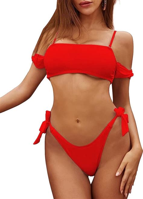 SHEKINI Women S Thong Bikini Set Off Shoulder Bandeau Top High Cut Side