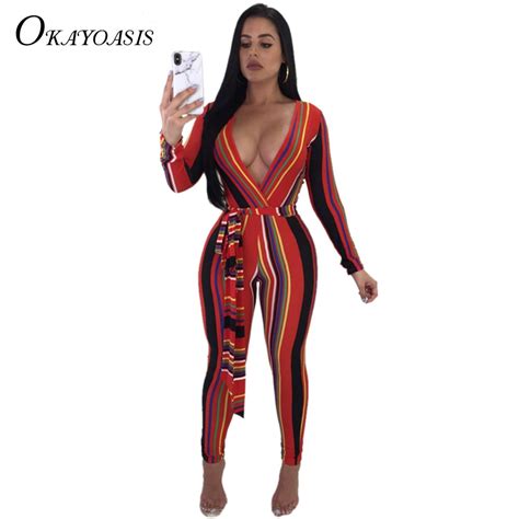 Deep V Neck Sexy Bodycon Jumpsuit Women Long Sleeve One Piece Tight