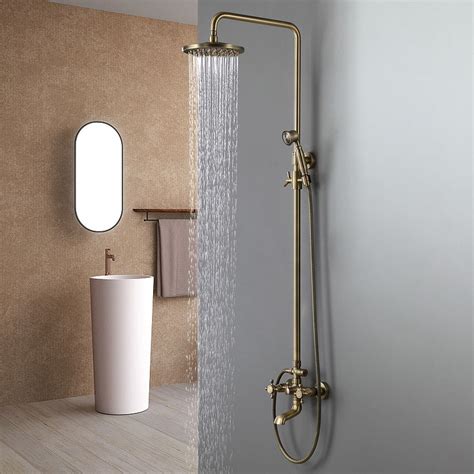 Traditional Rainfall Exposed Shower Fixture With Tub Spout In Antique Brass