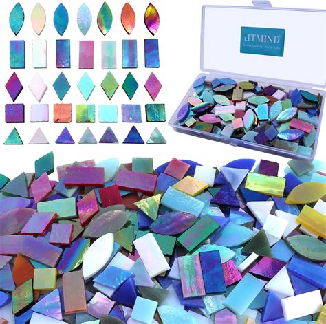 Litmind Iridescent Glass Mosaic Tiles For Crafts 240 Pieces 5 Shapes Mixed Stained