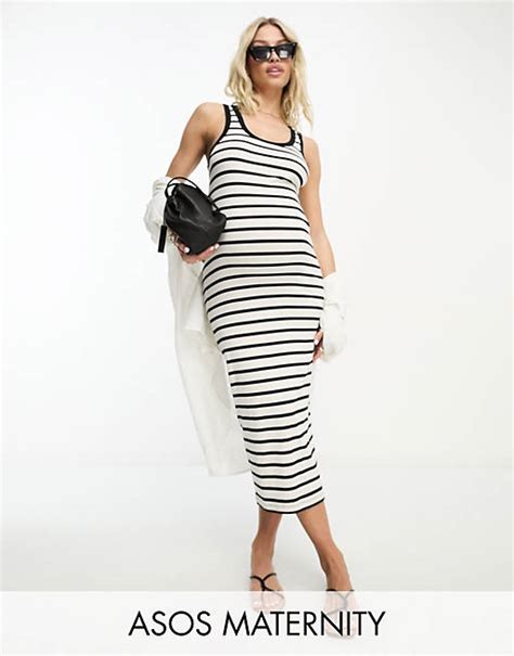 Asos Design Maternity Ribbed Scoop Neck Vest Midi Dress In Mono Stripe