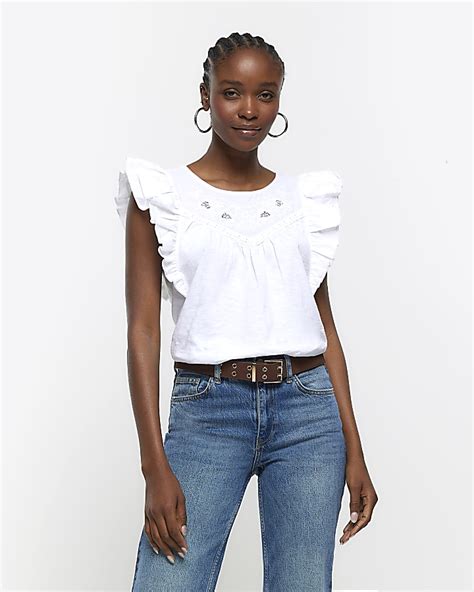 White Embroidered Frill Tank Top River Island